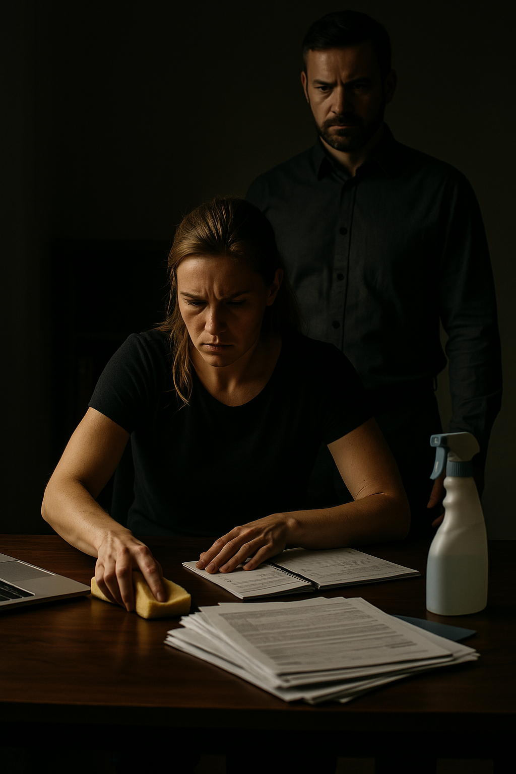 focus-detention-session-discipline-school A tense, shadow-lit scene shows a light-skinned woman cleaning a desk with a sponge while under the strict supervision of a serious man standing behind her. Papers, a spray bottle, and a laptop are scattered on the desk, emphasizing the focused and disciplined atmosphere.