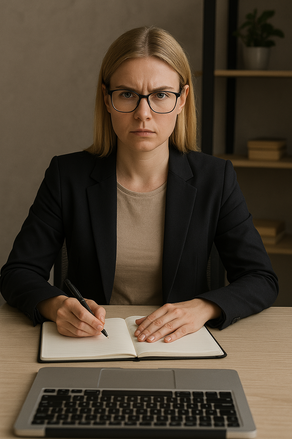 induction-session-discipline-evaluation A focused blonde woman in a navy blazer sits upright at a wooden desk, taking notes in a lined notebook during a video call. A laptop is open in front of her, and the background features a neatly organized bookcase, conveying a professional and disciplined work environment.