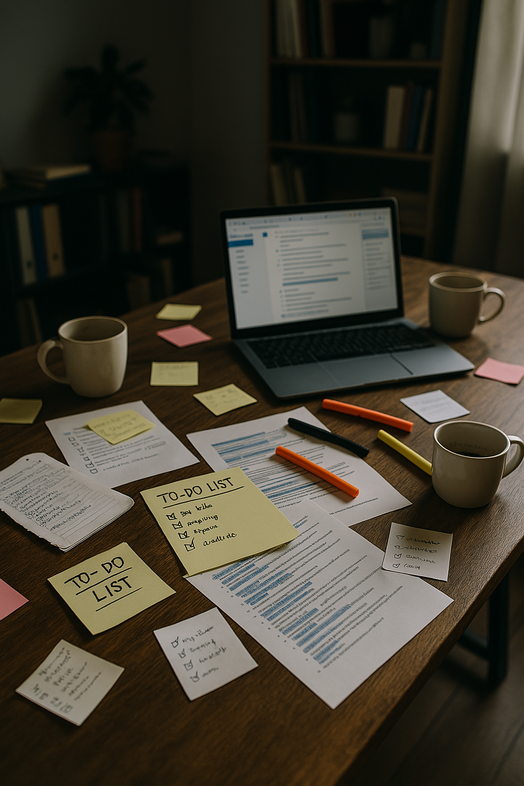 overwhelmed-chaotic-lifestyle-discipline-needed A cluttered wooden desk filled with scattered to-do lists, highlighters, coffee mugs, and an open laptop displaying a document. Sticky notes and paperwork cover the surface, reflecting a chaotic and overwhelmed work environment in a home office setting.
