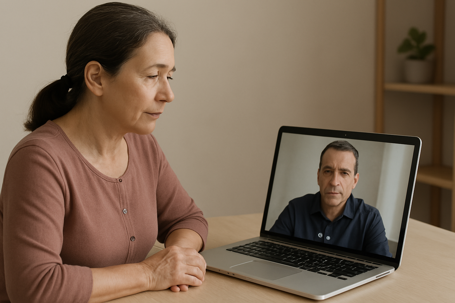 private-discipline-session-online-coaching-with-male-accountability-coach A middle-aged woman sits at a desk during a private video call, attentively listening to a serious male accountability coach displayed on her laptop screen, symbolizing virtual discipline coaching.