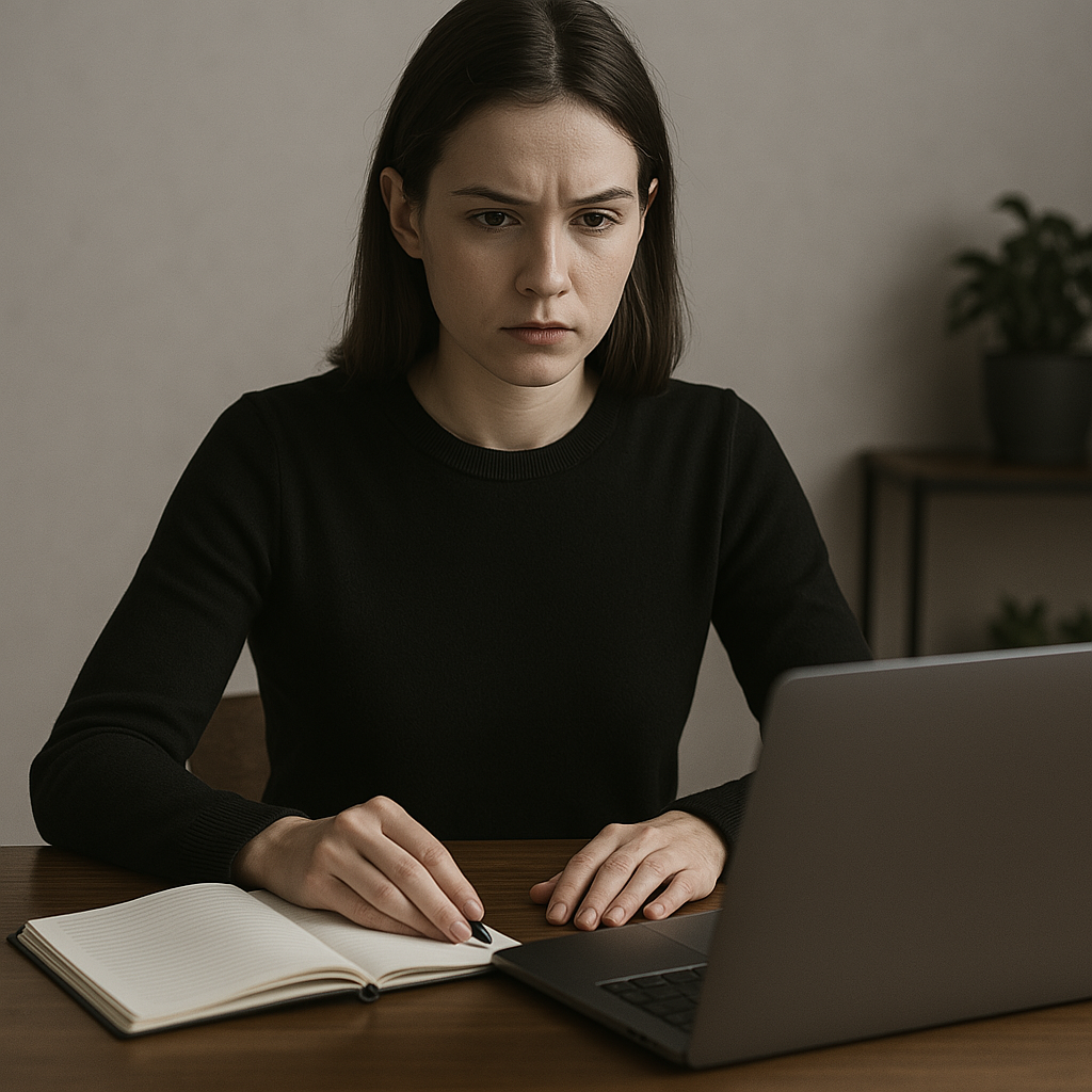 private-online-discipline-coaching A young woman with light skin and shoulder-length dark brown hair sits upright at a wooden desk, focused on her laptop. She has a serious expression, with one hand on an open notebook and the other near the keyboard. The background is minimal, featuring a plant and neutral-colored wall.